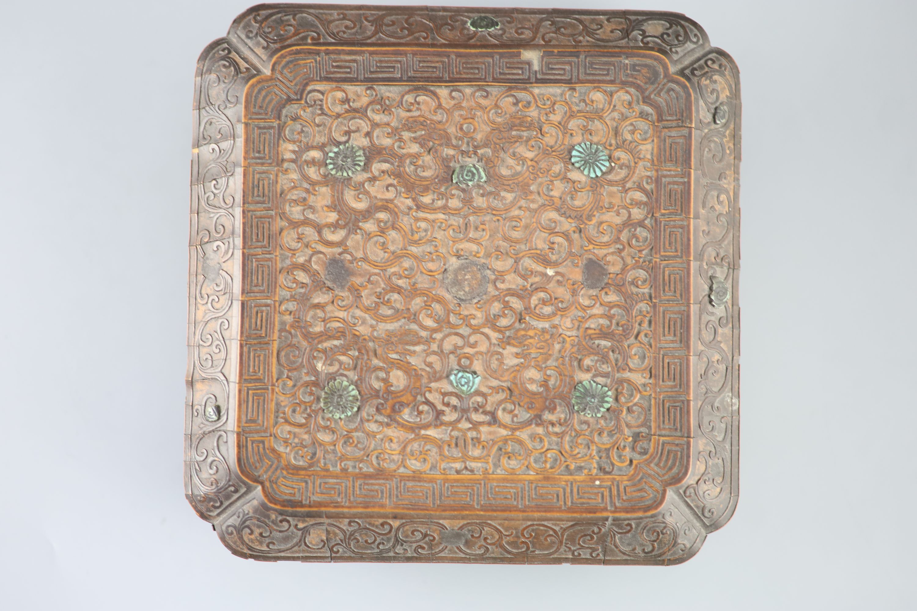 A rare Chinese bamboo-veneer (tiehuang) shaped square box and cover, Qianlong period (1736-95),